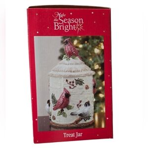 Sonoma Home Goods "Make the Season Bright" cardinal and chickadee ceramic Jar